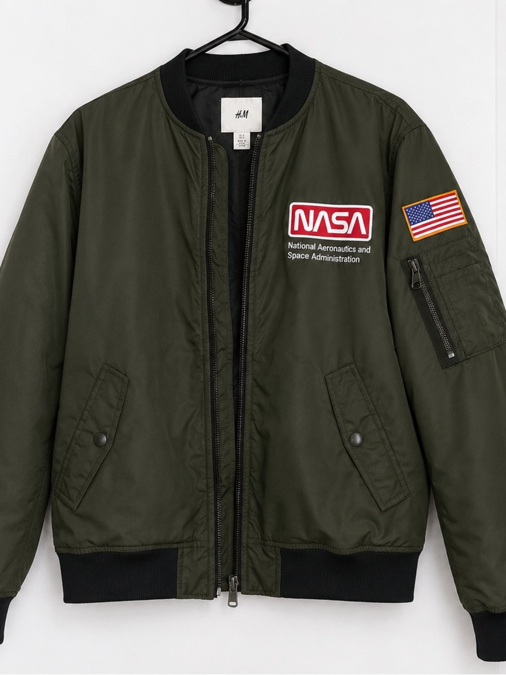 H&M Olive Green NASA Patch Bomber Jacket with Black Trim